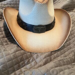Western Straw Cowboy Hat with Longhorn Leather Band